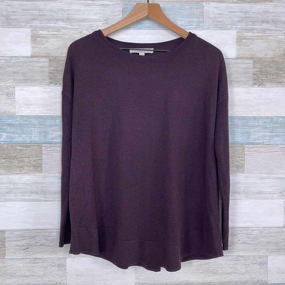 LOFT Relaxed Swing Sweater Brown Ribbed Sleeve Stretchy Knit Casual Womens XS